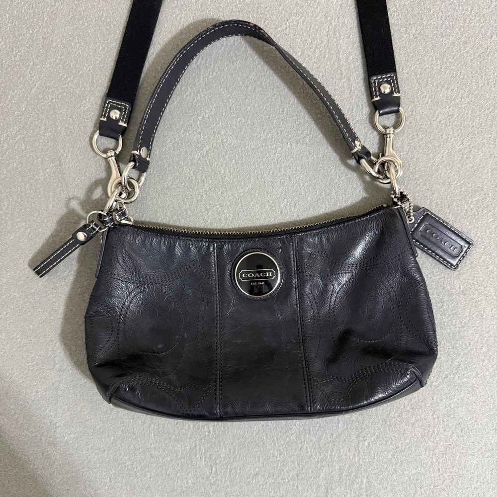 Coach F15141 Black Leather Demi Hobo Shoulder Crossbody Bag Signature Stitch